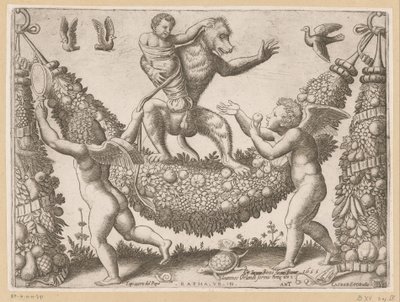 Putti hånar en apa Tapisserier av påven (serietitel) Tapezzerie de Papa (serietitel på objekt) av Meester van de Dobbelsteen