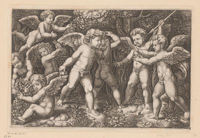 Spelar putti Tapisserier av påven (serietitel) Tapezzerie de Papa (serietitel) av Meester van de Dobbelsteen
