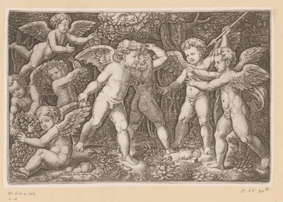 Spelar putti Tapisserier av påven (serietitel) Tapezzerie de Papa (serietitel) av Meester van de Dobbelsteen