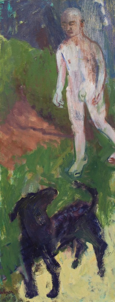 Vit man som rastade en svart hund, 2016 (olja på duk) av Megan Williamson
