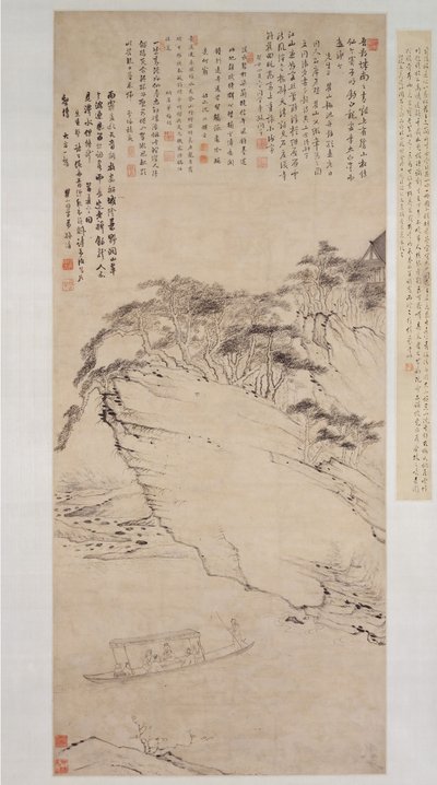 Båtliv på en flod under en klippa, daterad till 1673. av Mei Qing