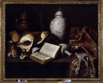 Kinavaser, skal, antika bronser, böcker och mattor (olja på duk) av Meiffren (c.1630 1705) Conte