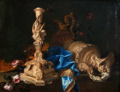 Stilleben med Labours of Hercules ljusstake och två ewers av Meiffren Conte