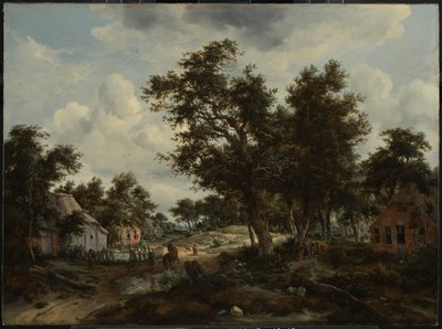Ett skogslandskap med resenärer på en stig genom en by av Meindert Hobbema