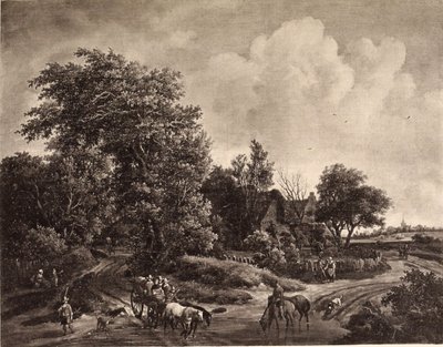 Gård i utkanten av en skog, med vagn och hästar av Meindert Hobbema