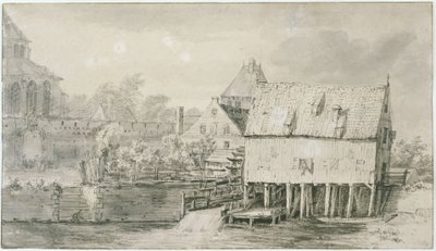Den så kallade Bergkerk och vattenkvarnen i Deventer (Lugt 43) av Meindert Hobbema