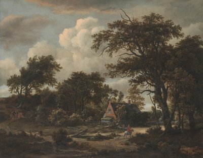 Skogbevuxen landskap med stuga och ryttare, 1663. av Meindert Hobbema