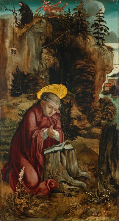 St. Benedict framför grottan i Subiaco av Meister des Innerochsenbacher Annenaltars