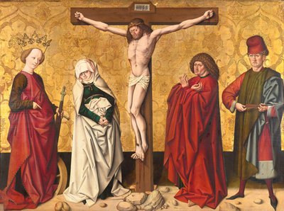Kristus på korset mellan St. Mary och John, Catherine och Sebastian av Meister von Großgmain