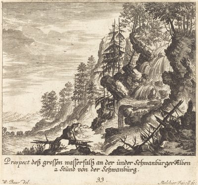 Stort vattenfall, Schwanburg av Melchior Küsel after Johann Wilhelm Baur