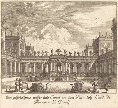 Palats och kanal, kardinal av Ferrara, Tivoli av Melchior Küsel after Johann Wilhelm Baur