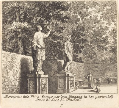 Statyer av Merkurius och Flora, Dukedi Soras trädgårdar, Frascati av Melchior Küsel after Johann Wilhelm Baur