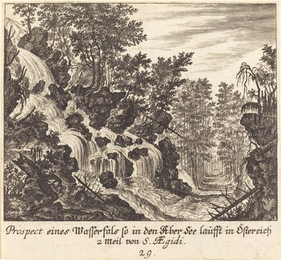 Vy över ett vattenfall, Österrike av Melchior Küsel after Johann Wilhelm Baur