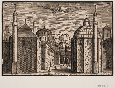 3 moskéer, vardera med 1 minaret; på himlen en flygande drake med en lång svans av Melchior Lorck