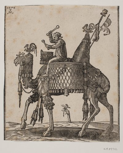 En magnifikt utrustad dromadär med en timpanist som ryttare av Melchior Lorck