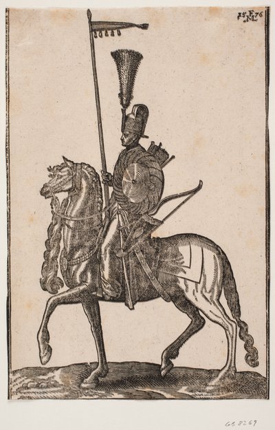 Beriden soldat, profil till v.; lans med vimpel, pilbåge vid sidan, cirkulär sköld, koger; huvudbonad med fjäderbuske av Melchior Lorck