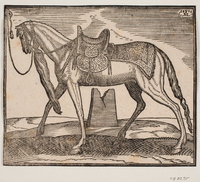 Elegant sadelhäst, bunden av v. ramlinje, profil till v.; under hästens mage ses en förstörd av Melchior Lorck