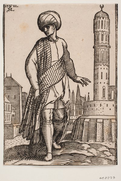 Elegant ung man med turban och lång sjal av Melchior Lorck