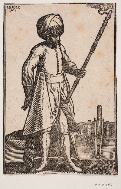 En kanonist vid sin kanon, i ett öppet landskap av Melchior Lorck