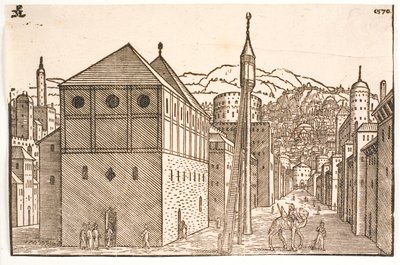 Moské med en fristående minaret med extern trappa av Melchior Lorck