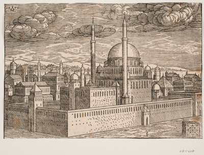 Moské, med två minareter, sett från nordväst; på andra sidan vattnet syns Galata? I det nedre högra hörnet finns en kubiskt formad sten, på vilken en kvadratisk geometrisk figur etsats, en figur som förmodligen visar av Melchior Lorck