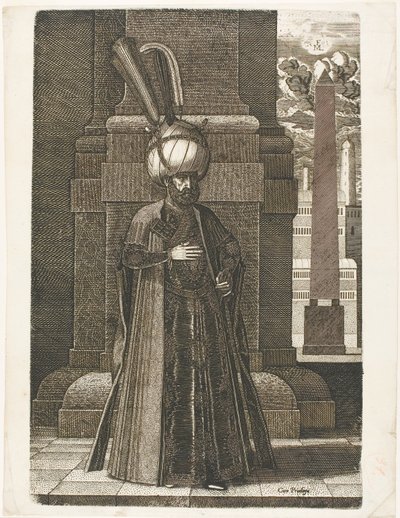 Porträtt av Ismail, den persiske shahen Tahmasp I:s ambassadör, stående av Melchior Lorck