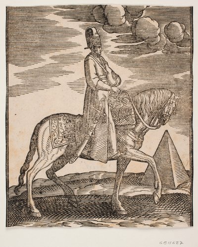 Ryttare med en kolv om halsen, profil mot höger; ett svärd på hans högra sida och bagage framför honom, draperat över sadeln; till höger, i bakgrunden, en pyramid av Melchior Lorck