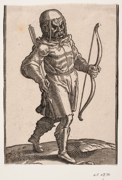 Soldat, går mot h.; stövlar och knäkort kostym; i v. hand en båge, i h. hand en pil av Melchior Lorck