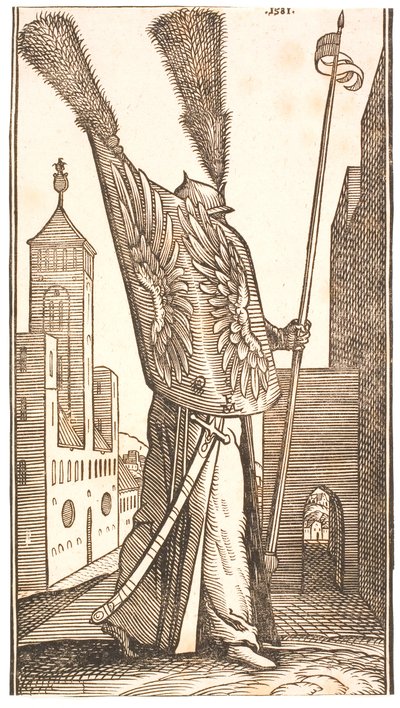 Stående soldat med en sköld dekorerad med örnvingar och en hjälm prydd med en enorm plym av Melchior Lorck