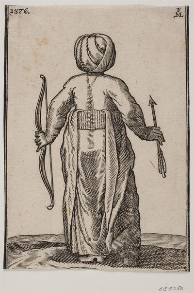 Stående bågskytt, bakifrån; i v. hand en båge, i h. hand en pil av Melchior Lorck