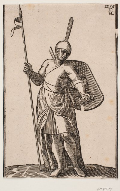 Stående soldat, framifrån; huvudbonad med hög, tunn topp; i r. hand ett spjut, på v. arm en sköld, sedd från insidan av Melchior Lorck