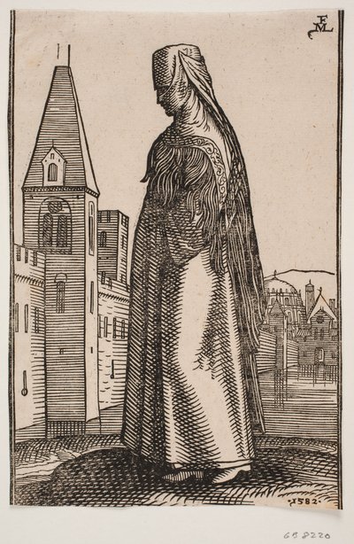 Beslöjad, gående kvinna, profil till v.; framför henne reser sig en stadsmur med torn ur vattnet av Melchior Lorck