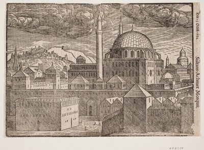 Oidentifierad moské med 2 minareter, sett från sydost; t.v. berg med befäst stad av Melchior Lorck