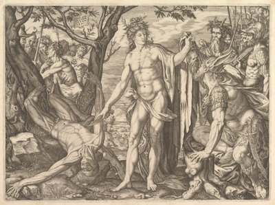 Apollo och Marsyas och Midas dom: till höger Midas med öronen på en åsna resti..., 1581. av Melchior Meier