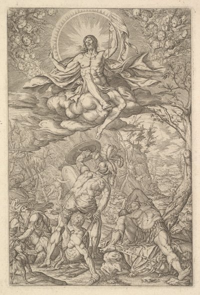 Kristi uppståndelse, omgiven av en aureol och moln med linjer av bevingade putti till..., 1577. av Melchior Meier