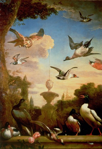 En gräsand och en kungsörn i ett klassiskt trädgårdslandskap av Melchior de Hondecoeter