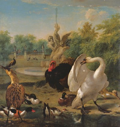 En park med svanar och andra fåglar (olja på duk) av Melchior de Hondecoeter