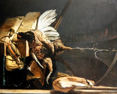 Ett stilleben av en död fasan som hänger i en krok av Melchior de Hondecoeter