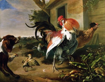 Fjäderfä och spaniel på en gård av Melchior de Hondecoeter