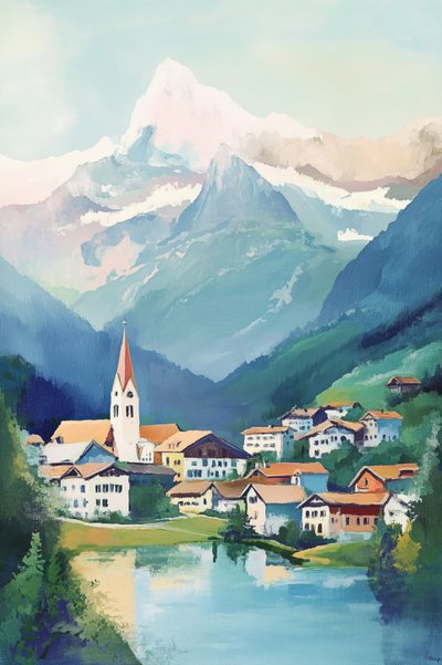 Alpby vid sjön av Melloi Art Prints