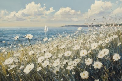Vita blommor, segelbåt, kust av Melloi Art Prints