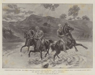 Korrespondenter under eld, fiendens splitter som sprängs över Mr Nevinson (Daily Chronicle), Melton Prior (Illustrated London News) och Servant när de korsar en drift vid Ladysmith av Melton Prior