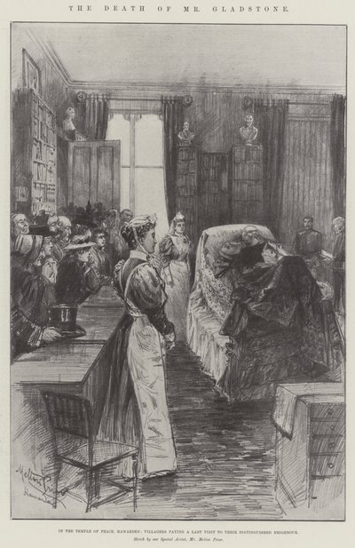 Gladstones död, i fredstemplet i Hawarden, byborna gör ett sista besök hos sin framstående granne. av Melton Prior