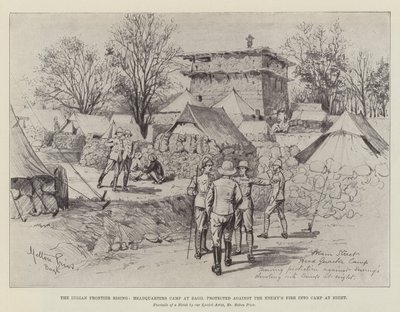Indian Frontier Rising, högkvartersläger i Bagh, skyddad mot fiendens eld i lägret på natten av Melton Prior