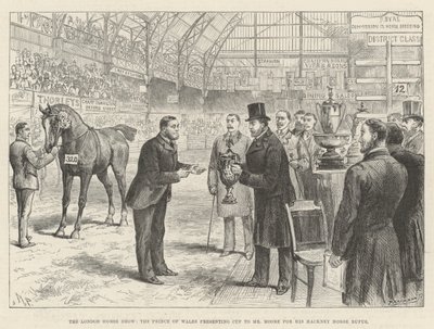 London Horse Show, prinsen av Wales överlämnar pokal till mr Moore för hans Hackneyhäst Rufus. av Melton Prior