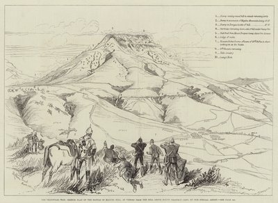 Transvaalkriget, skiss av slaget vid Majuba Hill, sett från kullen ovanför Mount Prospect Camp av Melton Prior