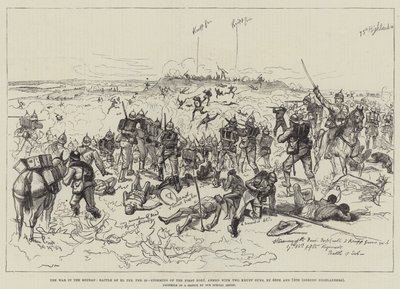 Kriget i Soudan, slaget vid El Teb, 29 februari, stormning av det första fortet, beväpnat med två Kruppkanoner, av 65th och 75th Gordon Highlanders. av Melton Prior