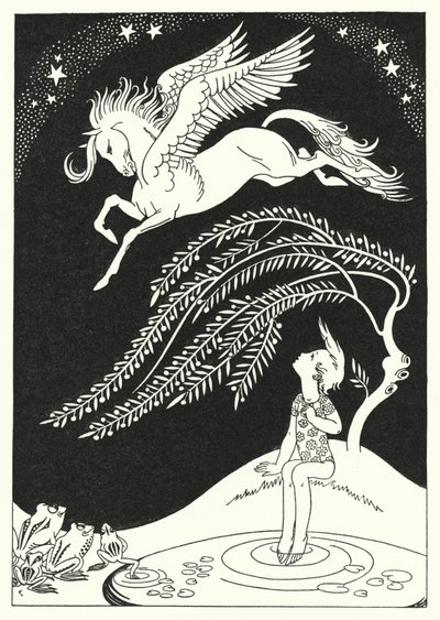 Nedåt kom Pegasus, i breda svepande cirklar (färg litho) av Merlyn Mann