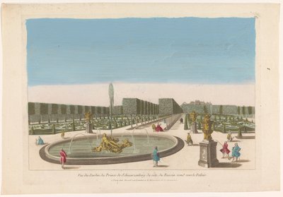 Utsikt över fontänen i trädgården på Palais Schwarzenberg i närheten av staden Wien Vue du jardin du prince de Schwarzenberg du côte du bassin rond vers le palais (titel på objekt) av Mesard