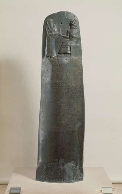Hammurabis lagbok: guden Shamash dikterar sina lagar till Hammurabi, Babylons kung, hittad i Susa, Iran, ca 1750 f.Kr. (diorit) (för detaljer se 69507). av Mesopotamian
